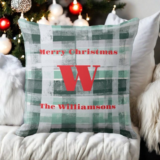 Coussin Noël monogramme plaid tartan vert blanc rouge (Créateur téléchargé)