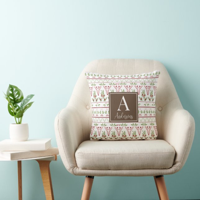 Coussin Noël Monogramme Vacances Pinecones Holly Berries (Chaise)