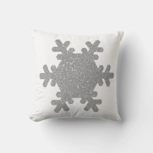 Coussin Noël Motif Flocon de Neige Paillettes Gris Argent