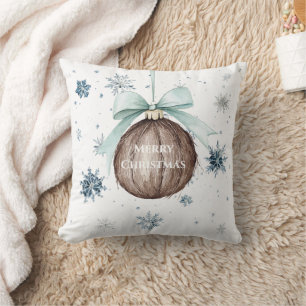 Coussin Noël Noix de Coco Ruban Bleu Blanc Flocons de Neig