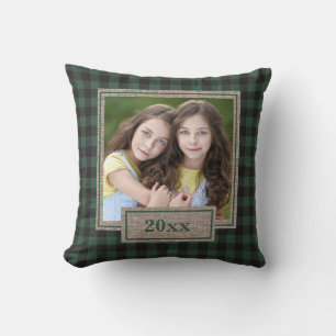 Coussin Noël Photo en Plaid Buffle Vert Burlap Rustique