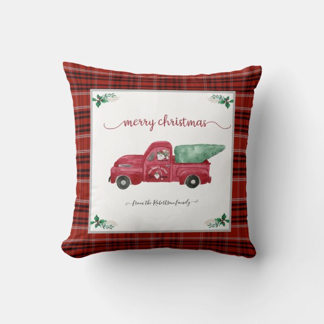 Coussin Noël Plaid Gnome Tree Farm Camion rouge (Recto)
