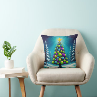 Coussin Noël Pop Art avec Néon Vert Bleu Violet