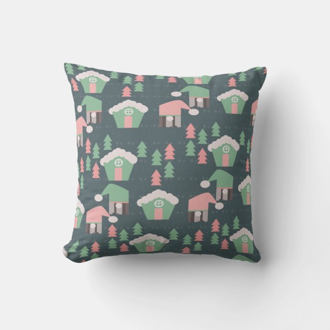 Coussin Noël rose Gnome Village Maisons en pain d'épice (Recto)