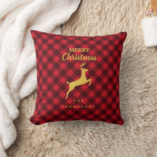 Coussin Noel Rouge et noir Buffalo Plaid Deer
