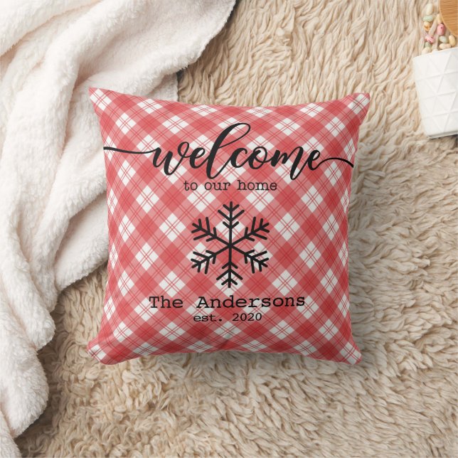 Coussin Noël Rouge Plaid Nom de famille personnalisé (Couverture)