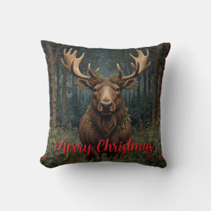 Coussin Noël rustique élan cerf boho forêt boisée 