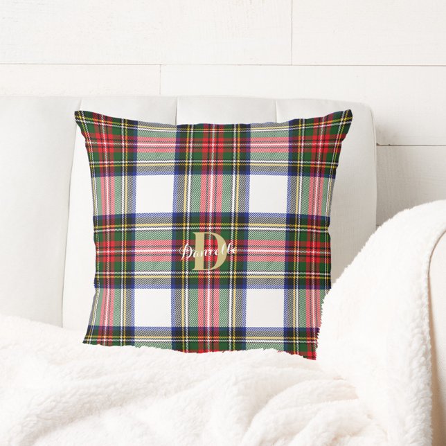 Coussin Noël Tartan Monogramme Nom Motif de vacances (Christmas Tartan Monogram Name Holiday Pattern Throw Pillow)