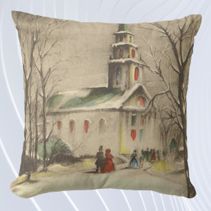 Coussin Noël vintage, Eglise dans le paysage hivernal
