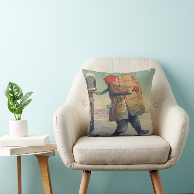 Coussin Noël Vintage, Enfant avec Gros Colis (Chaise)