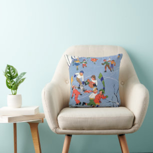 Coussin Noël vintage, enfants patinant sur un lac