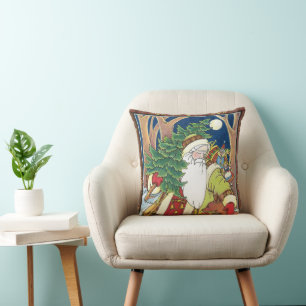 Coussin Noël vintage, le Père Noël Cerf dans la forêt