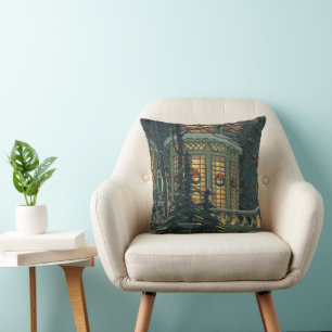 Coussin Noël vintage, maison avec couronnes dans les fenêt