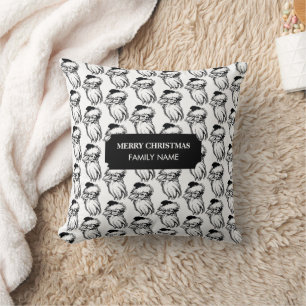 Coussin Noël Vintage noir blanc Père Noël Nom personnalisé