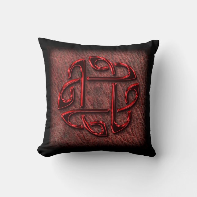 Coussin Noeud celtique rouge foncé sur le cuir (Recto)