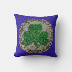 Coussin Noeuds Celtiques Shamrocks Gris Sur Plaid Bleu