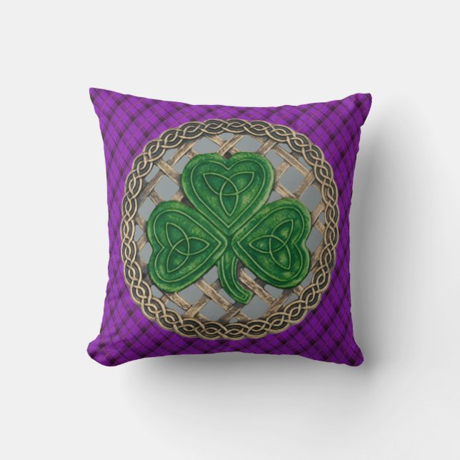 Coussin Noeuds Celtiques Shamrocks Gris Sur Plaid Violet (Recto)