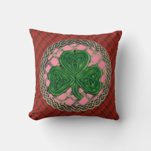 Coussin Noeuds Celtiques Shamrocks Roses Sur Plaqué Rouge