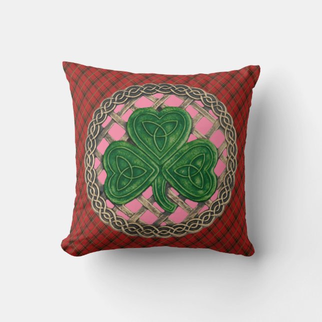 Coussin Noeuds Celtiques Shamrocks Roses Sur Plaqué Rouge (Recto)
