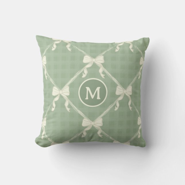 Coussin Nœuds Coquette Gingham Monogramme Crème Vert Sauge (Recto)