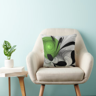 Coussin Noir Abstrait et blanc avec art fractal vert