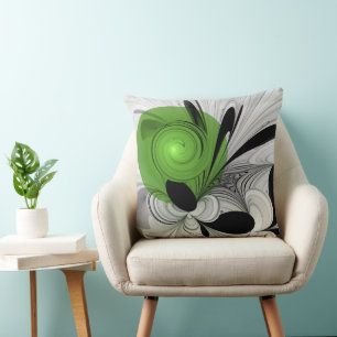 Coussin Noir Abstrait et blanc avec art fractal vert