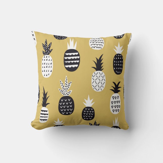 Coussin Noir, ananas blanc, arrière - plan jaune (Recto)