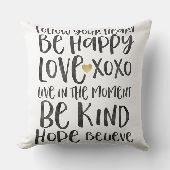 Coussin Noir Aquarelle Mots Inspirationnels Gold Heart (Recto)