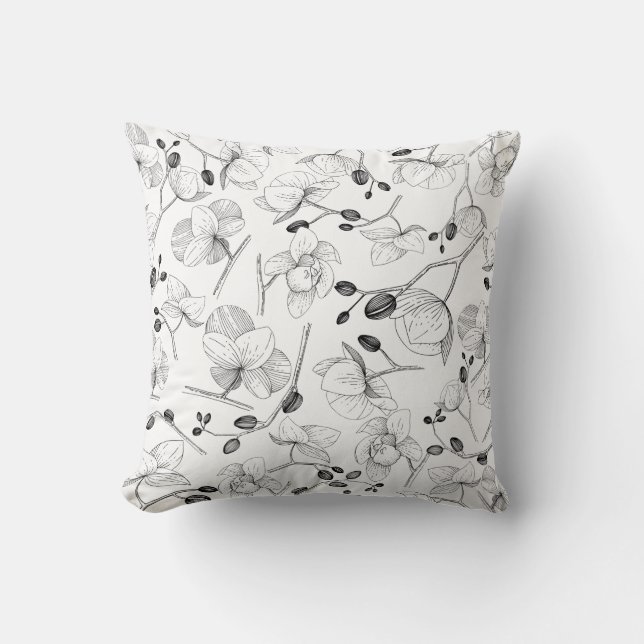 Coussin Noir & blanc élégant orchidée floral moderne (Recto)