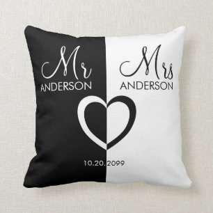 Coussin Noir blanc M. Mme nom mariage du coeur