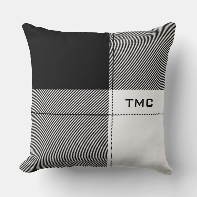 Coussin Noir Blanc Moderne Plaid Initiales Preppy Chic (Recto)