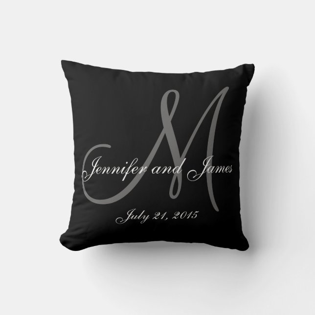 Coussin Noir Blanc Monogramme Noms Mariage Keepsaké Coussi (Recto)