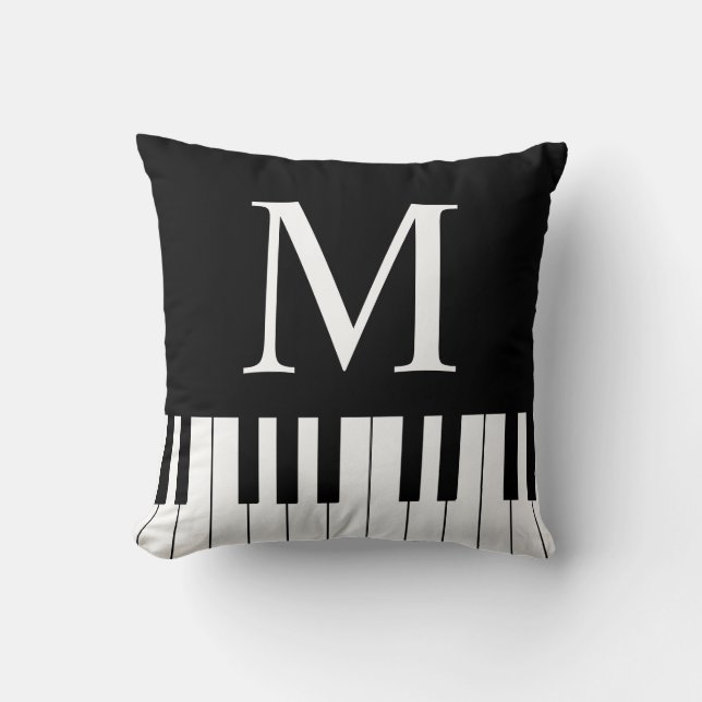 Coussin Noir Blanc Musique Thème Piano Clavier Monogramme (Recto)