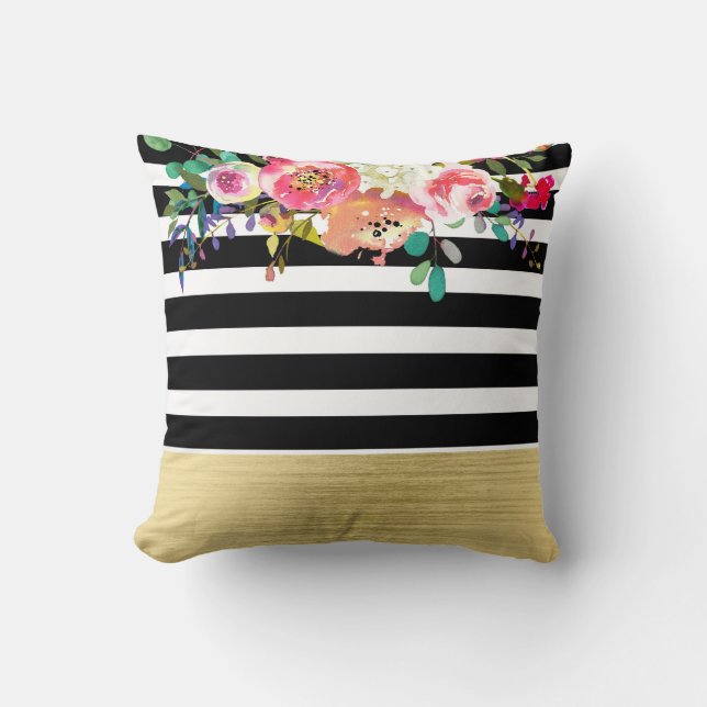 Coussin Noir Blanc Or Moderne Floral Glam Chic Luxe (Recto)