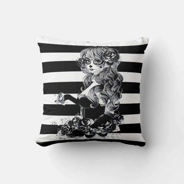 Coussin Noir & Blanc Striped Joli Crâne de sucre fille (Recto)