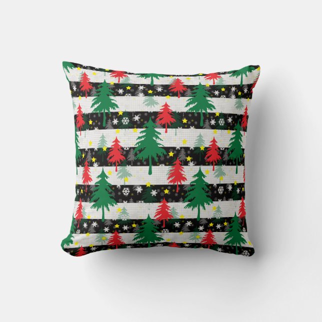 Coussin Noir Blanc Stripes Neiges Rouge Vert Arbres (Recto)