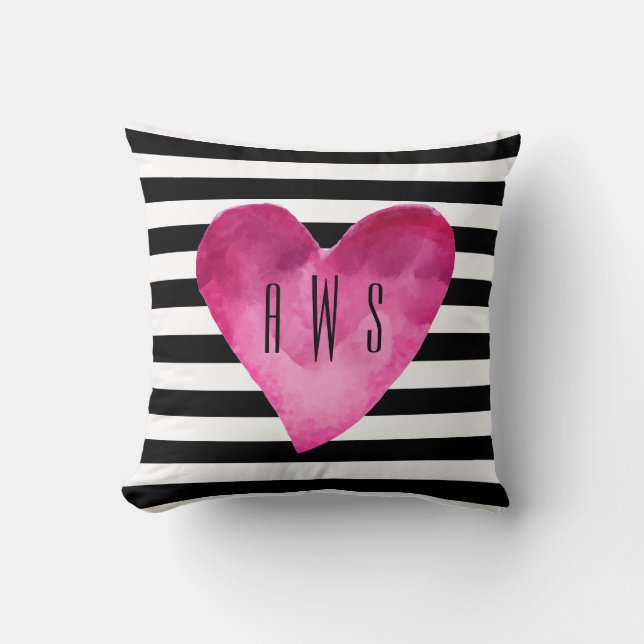 Coussin Noir + Blancs Aquarelle Coeur Monogramme (Recto)