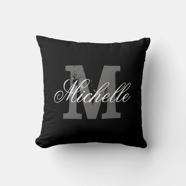 Coussin Noir chic personnalisé du carreau | de monogramme (Recto)