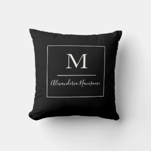 Coussin Noir couleur solide Nom monographique blanc
