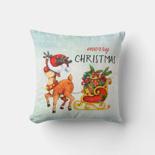 Coussin Noir de renne rouge mignon tirant traîneau Noël