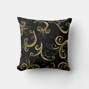 Coussin Noir élégant et motif floral d'or