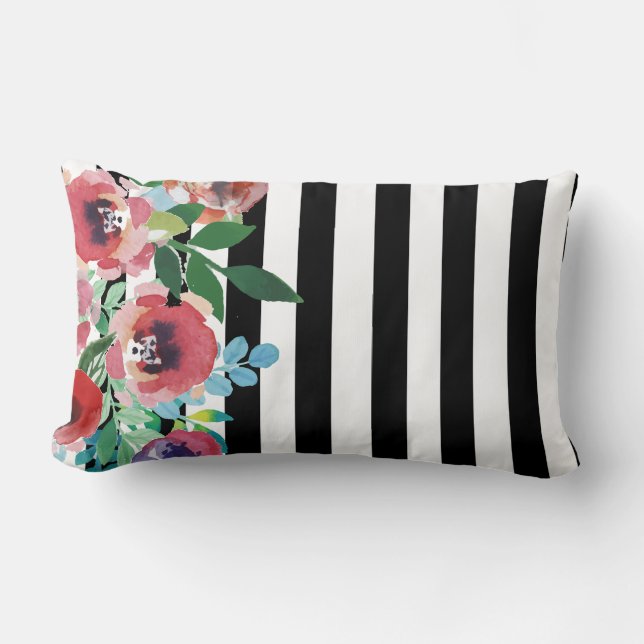 Coussin noir et blanc floral de rayure (Recto)