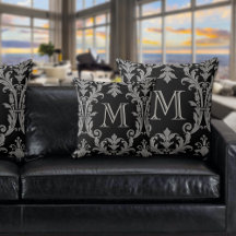 Noir et gris Argent Damas Floral Failles Monogramm