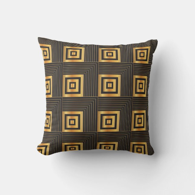 Coussin Noir géométrique et or de carrés d'art déco (Recto)