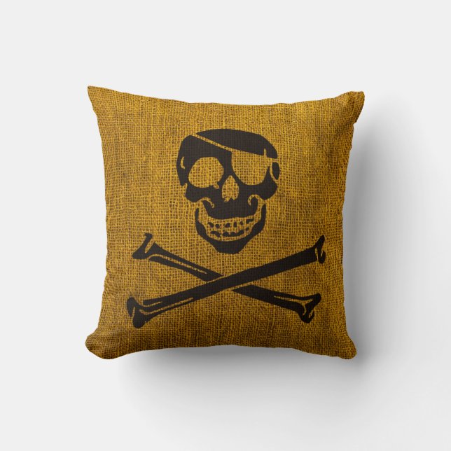 Coussin Noir jaune rustique de crâne de pirate (Recto)