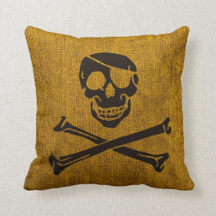 Coussin Noir jaune rustique de crâne de pirate