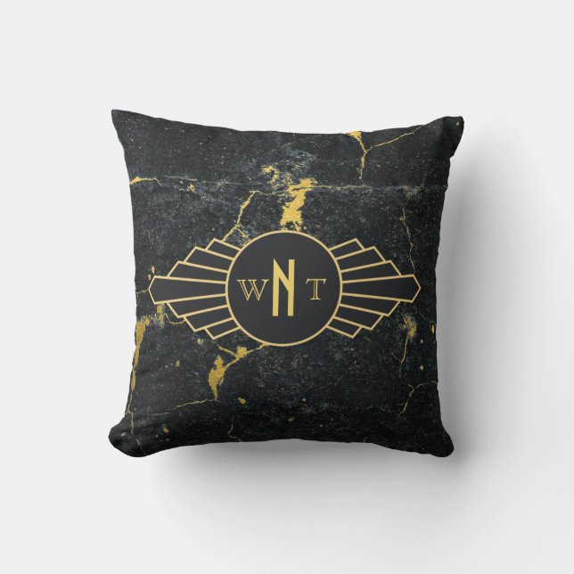 Coussin Noir Marbre trois lettres Monogramme Art Déco (Recto)