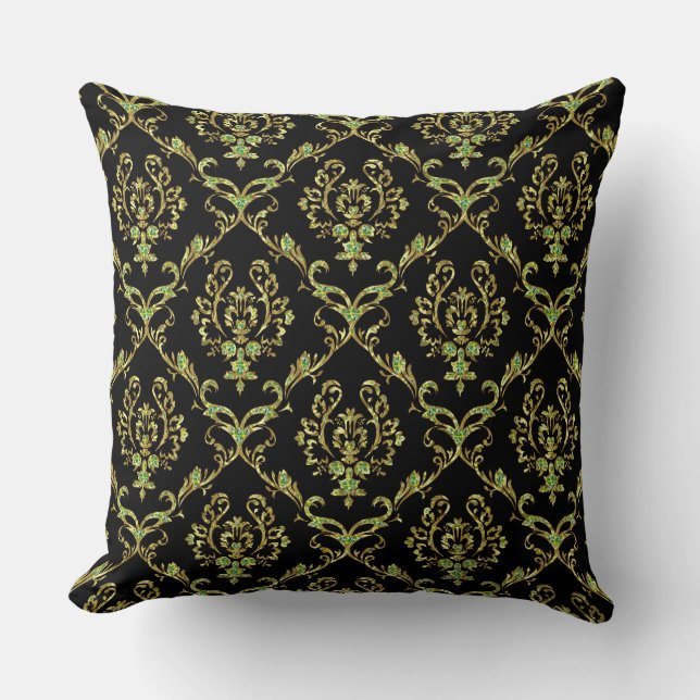 Coussin Noir, Or et Parties scintillant verte Damas floral (Recto)