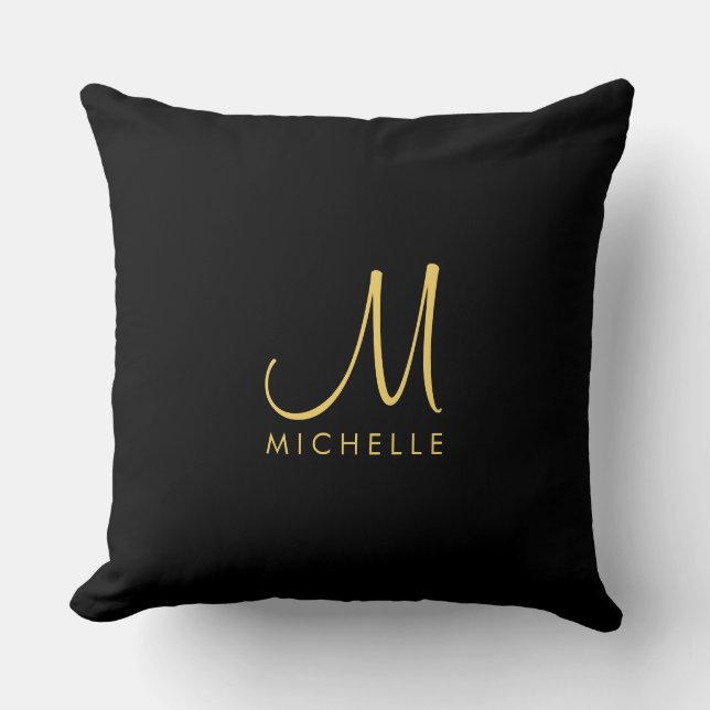 Coussin Noir & Or manuscrit Monogramme Nom Modèle (Recto)