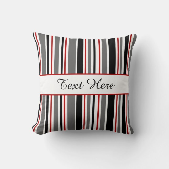 Coussin Noir personnalisable, gris, rouge, blanc, rayures (Recto)